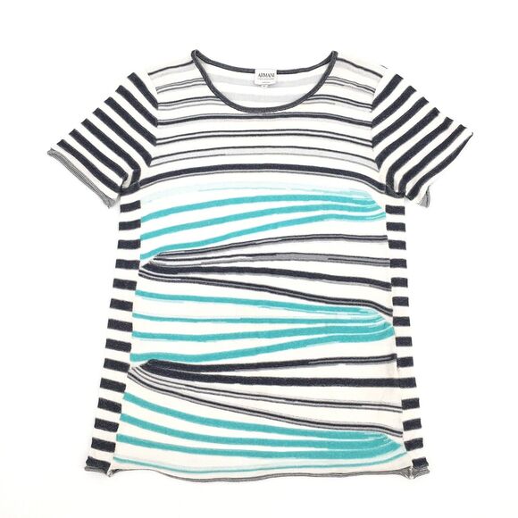 Armani Collezioni Striped Knit Short Sleeve Top Size 8 Womens Blue White Medium - Picture 1 of 7